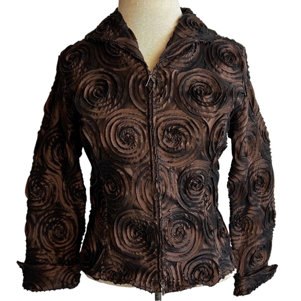 Samuel Dong Bronze Brown Swirl Rosette Appliqué Texture Zip Blazer Jacket Top XL